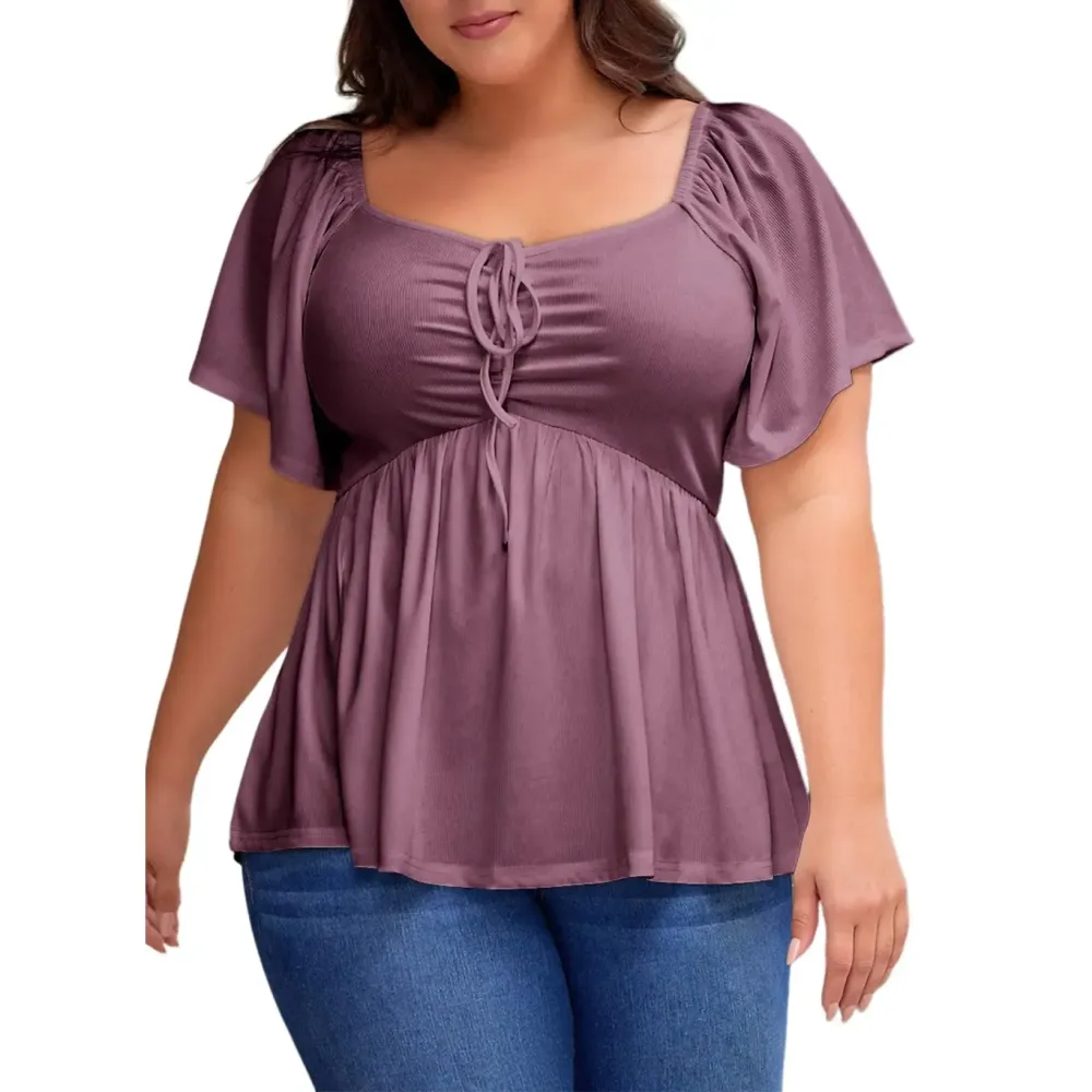 Women Plus Size Sweetheart Neck Short Sleeve Shirred Peplum Blouse Tops Shirts
