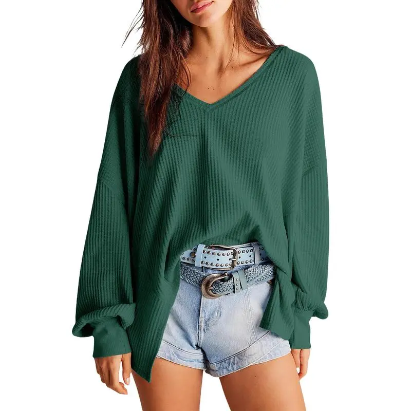 Women's Waffle Knit V-Neck Oversized Sweater