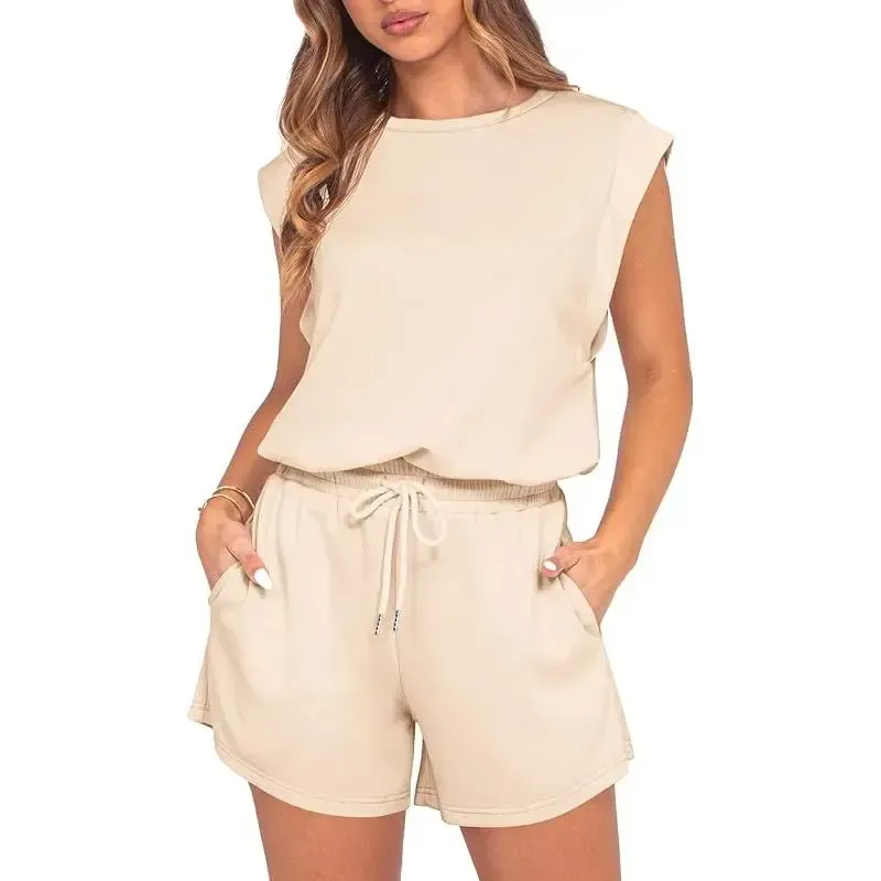 Women 2026 Summer Cap Sleeve Adjustable Drawstring Waistband Cozy Lounge Short Jumpsuit With Pocket