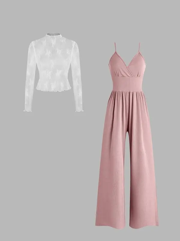 Women's Solid Color Lettuce Trim Mock Neck Sheer Lace Top & Pocket Wide Leg Cami Jumpsuit