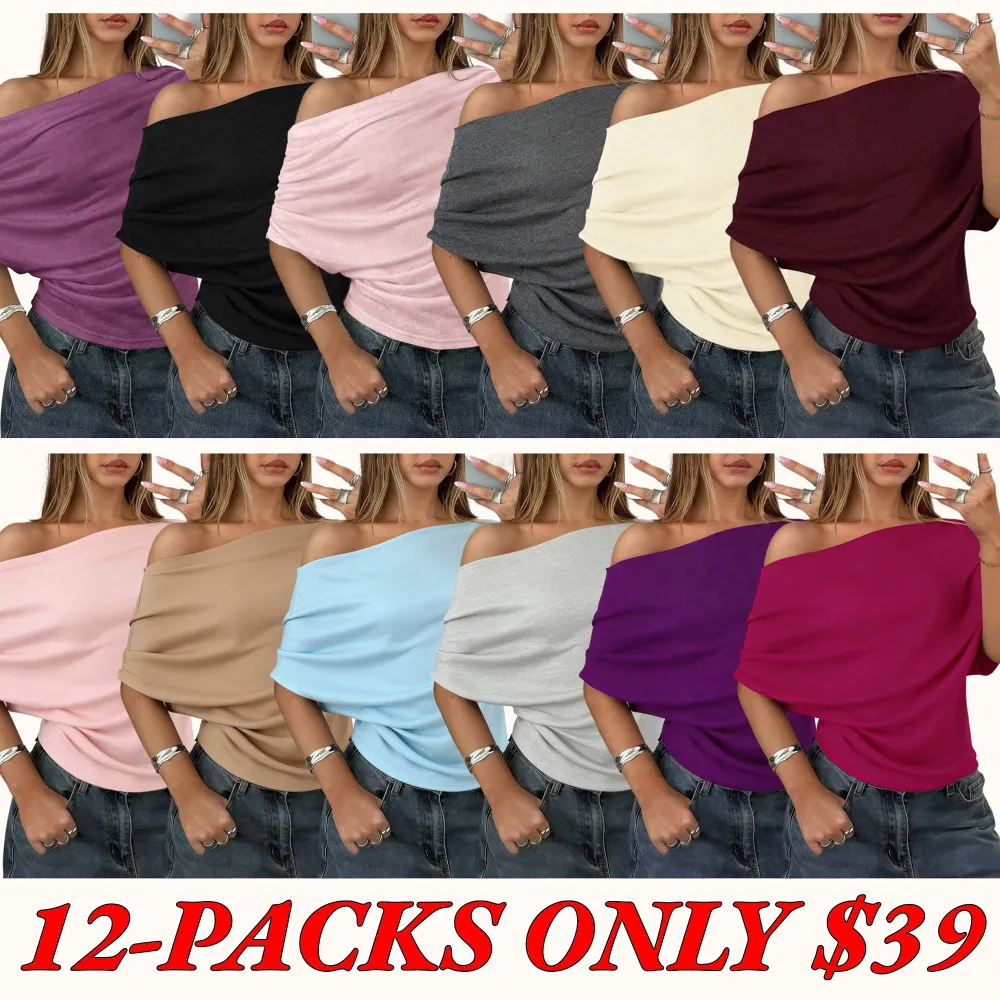 Women's Summer/Autumn Solid-Color Asymmetrical Off-Shoulder Batwing-Sleeve Knit T-Shirt
