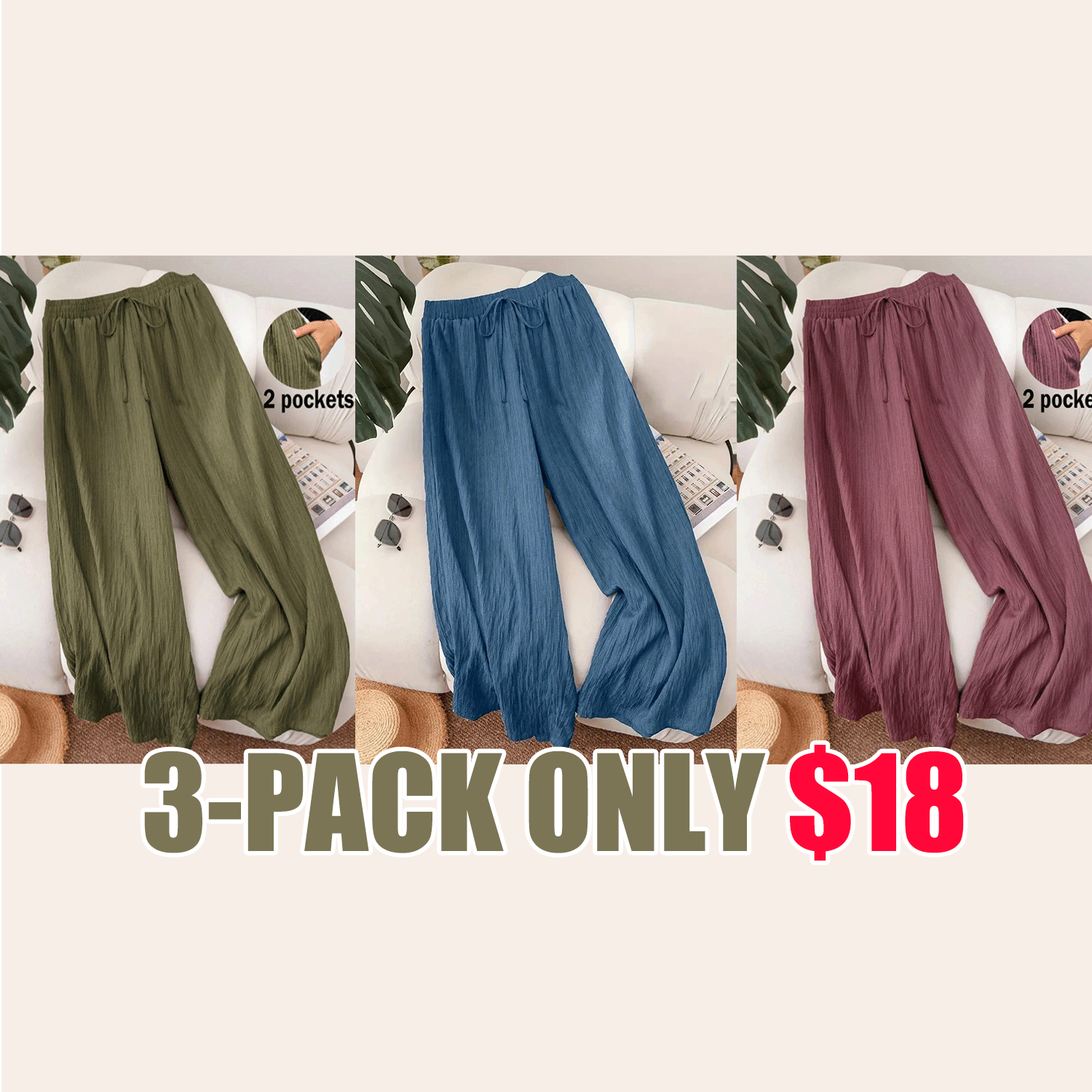 Women’s Solid Color Wide Leg Pants – Casual Comfy Everyday Trousers