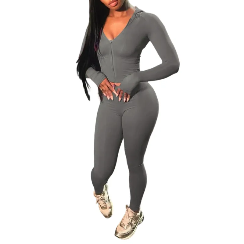 Women's Solid Color Zip Up Crop Top & High Waist Leggings Two-piece Set