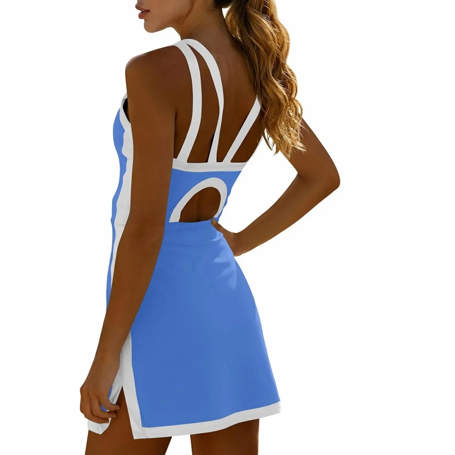 Women's sleeveless halter tennis dress with white piping, open back design, and stylish cutout details at the back