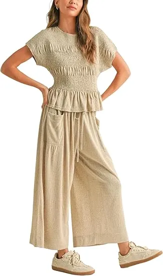 Womens 2 Piece Smocked Top Wide-Leg Pants Set