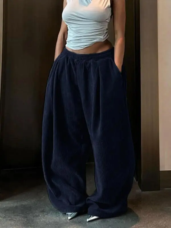 Women's Solid Drawstring High Waist Wide Leg Pants