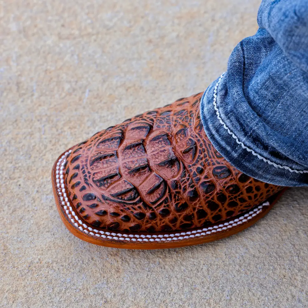 Cognac Caiman Neck Leather Boots - Square Toe
