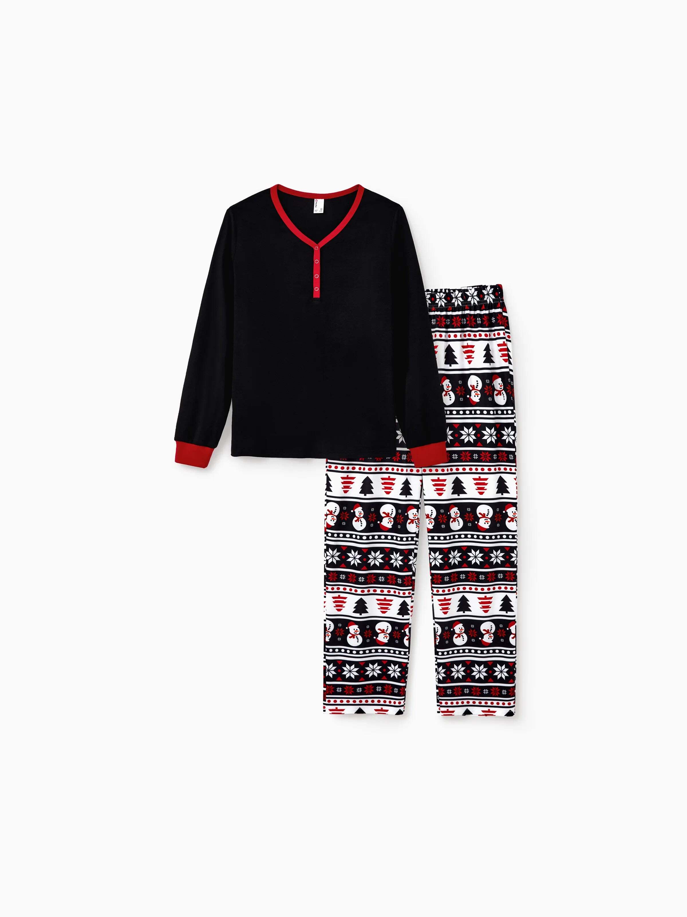 Christmas Matching Family Pajamas Set Snowman and Christmas Tree Print Black PJS with Christmas Socks Black