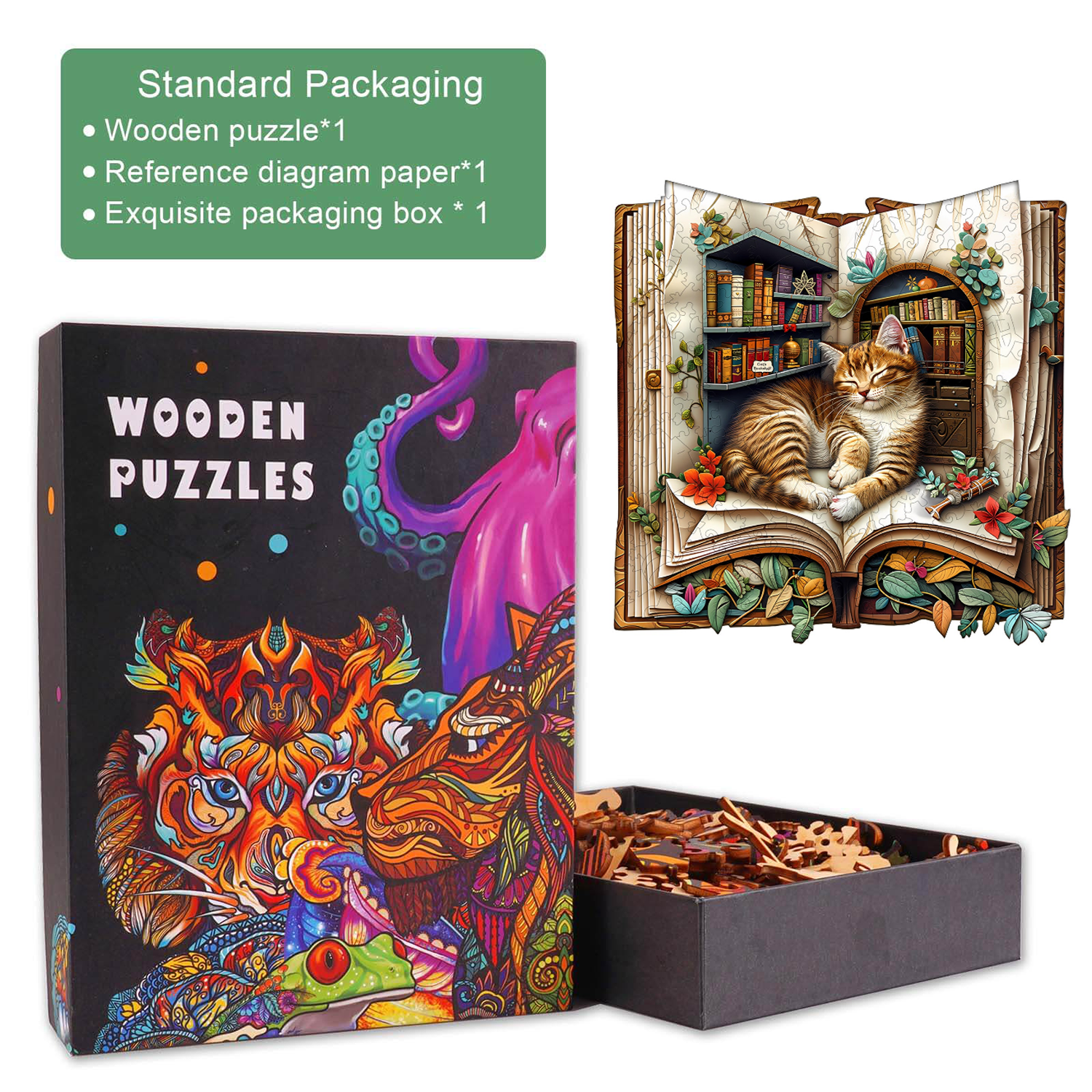 Cat in the book Wooden Jigsaw Puzzle