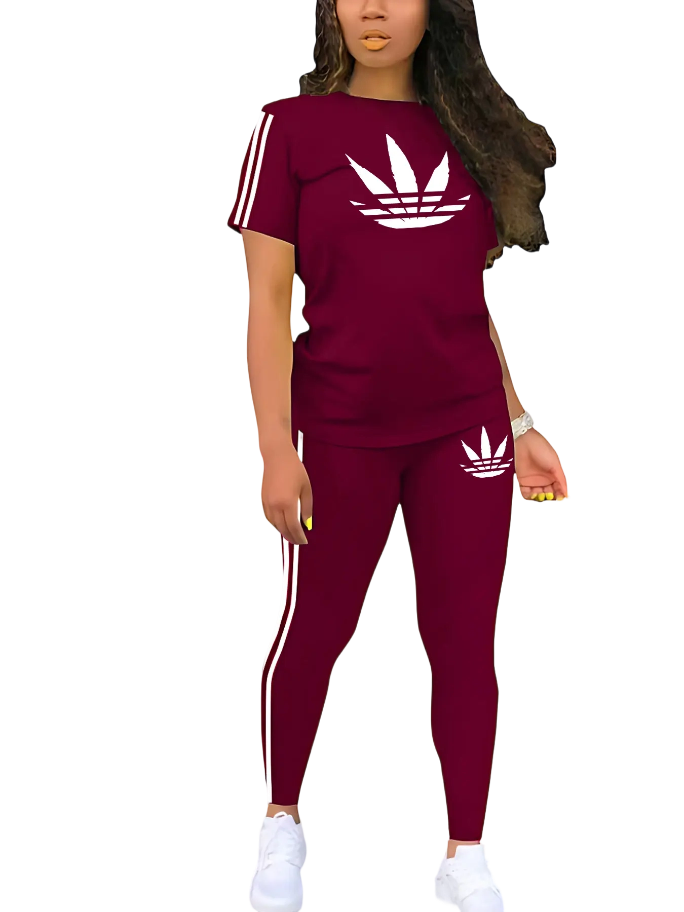 Women's Printed Casual Sporty Round Neck Drawstring Short Sleeve and Long Pants Two-Piece Set