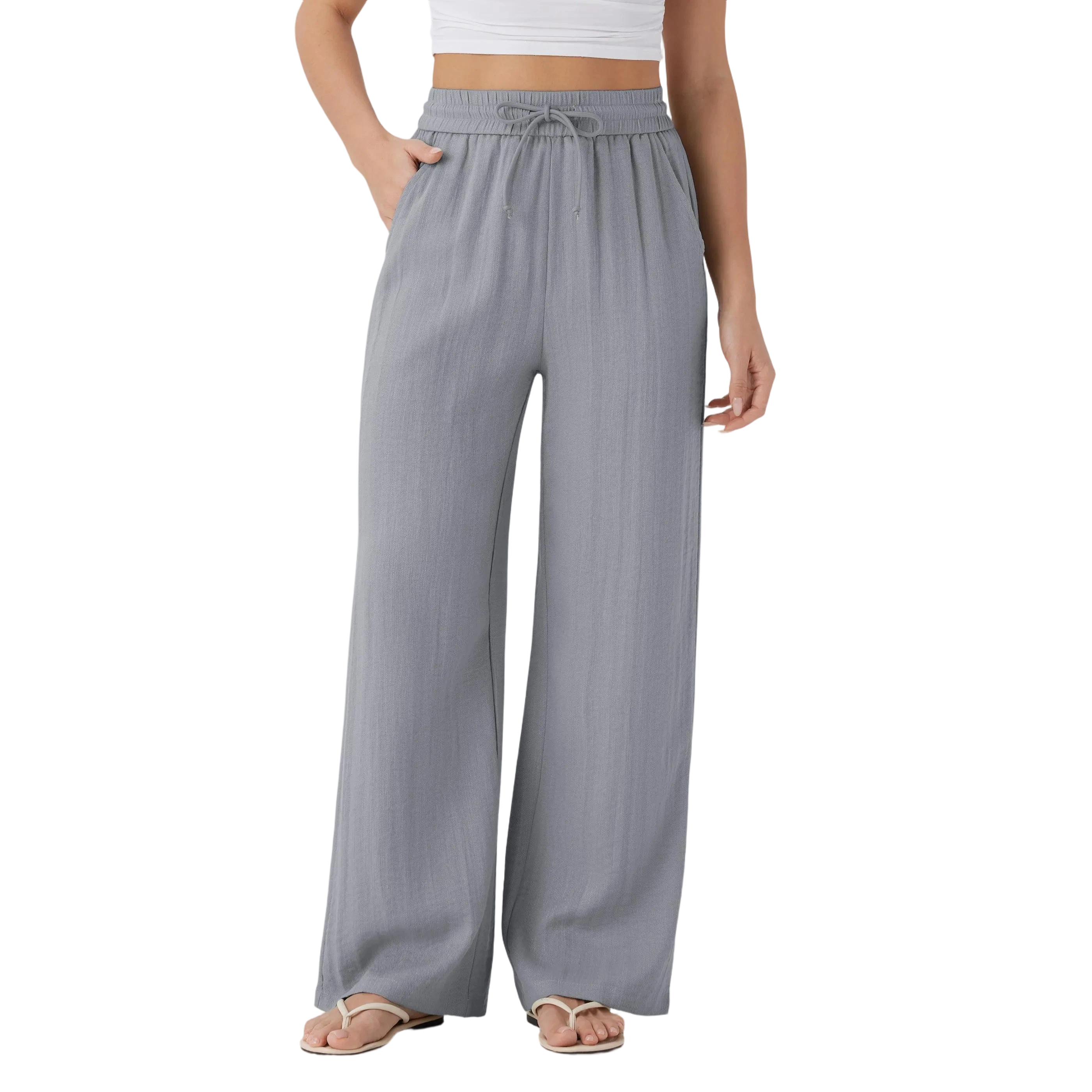 Women's High Waisted Drawstring Pocket Wide Leg Casual Linen-Feel Pants