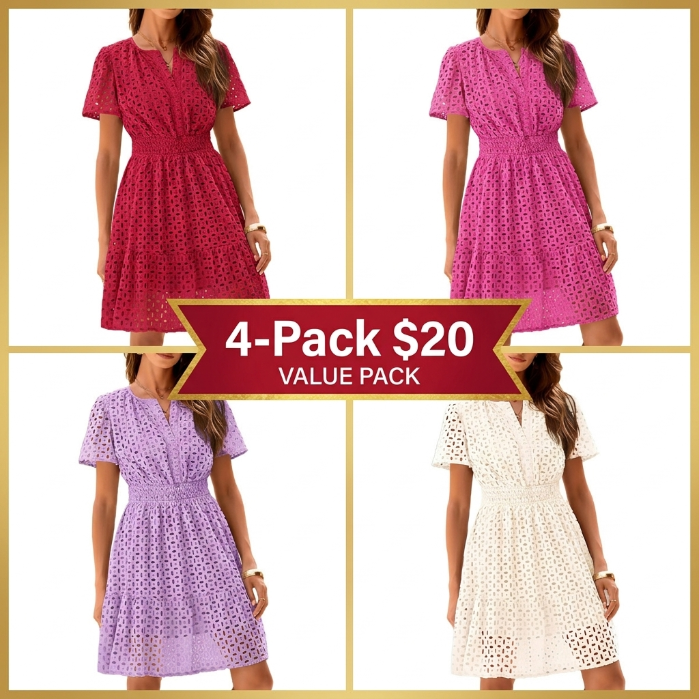Women’s Eyelet Lace A-Line Summer Dress – V-Neck Ruffle Casual Mini Dress