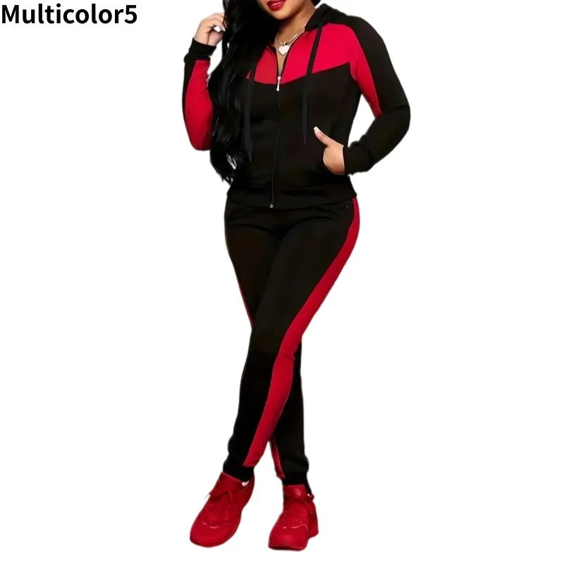 Two-piece Set Women's Colorblock Zip Up Hoodie & Pocket Pants
