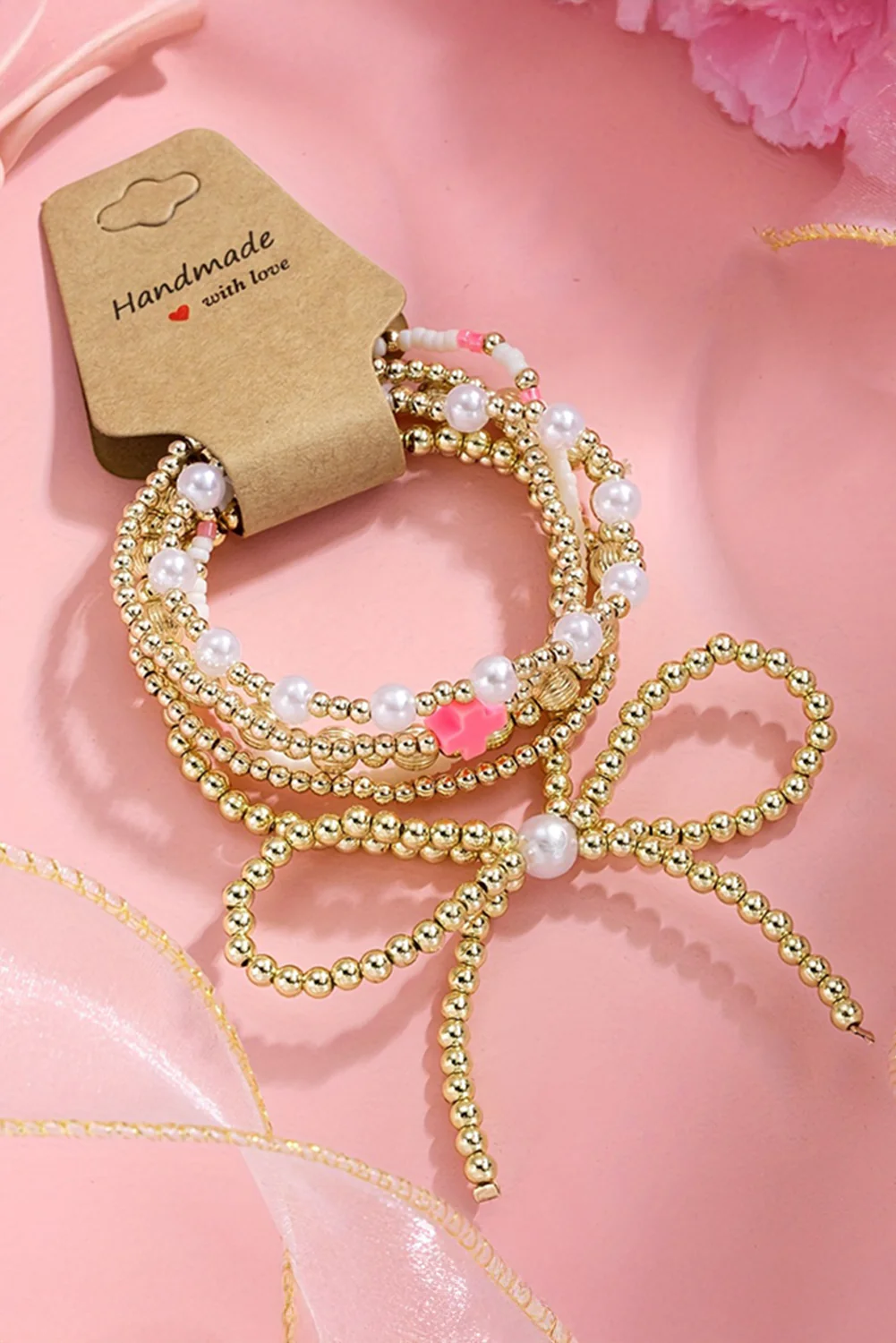 Gold Bow Knot Pearl Decor Beaded Plated Layered Bracelet