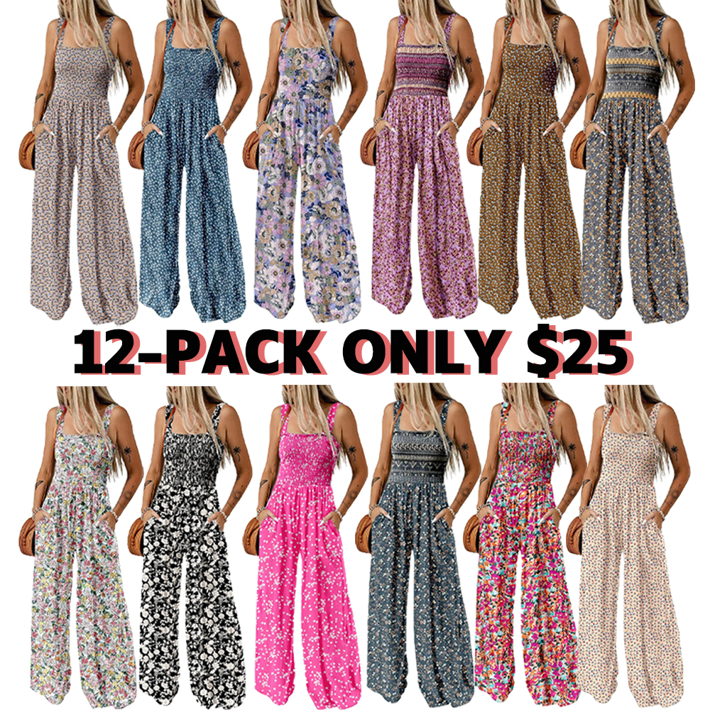 Women's Casual Loose Overalls Jumpsuits One Piece Sleeveless Printed Wide Leg Long Pant Rompers With Pockets