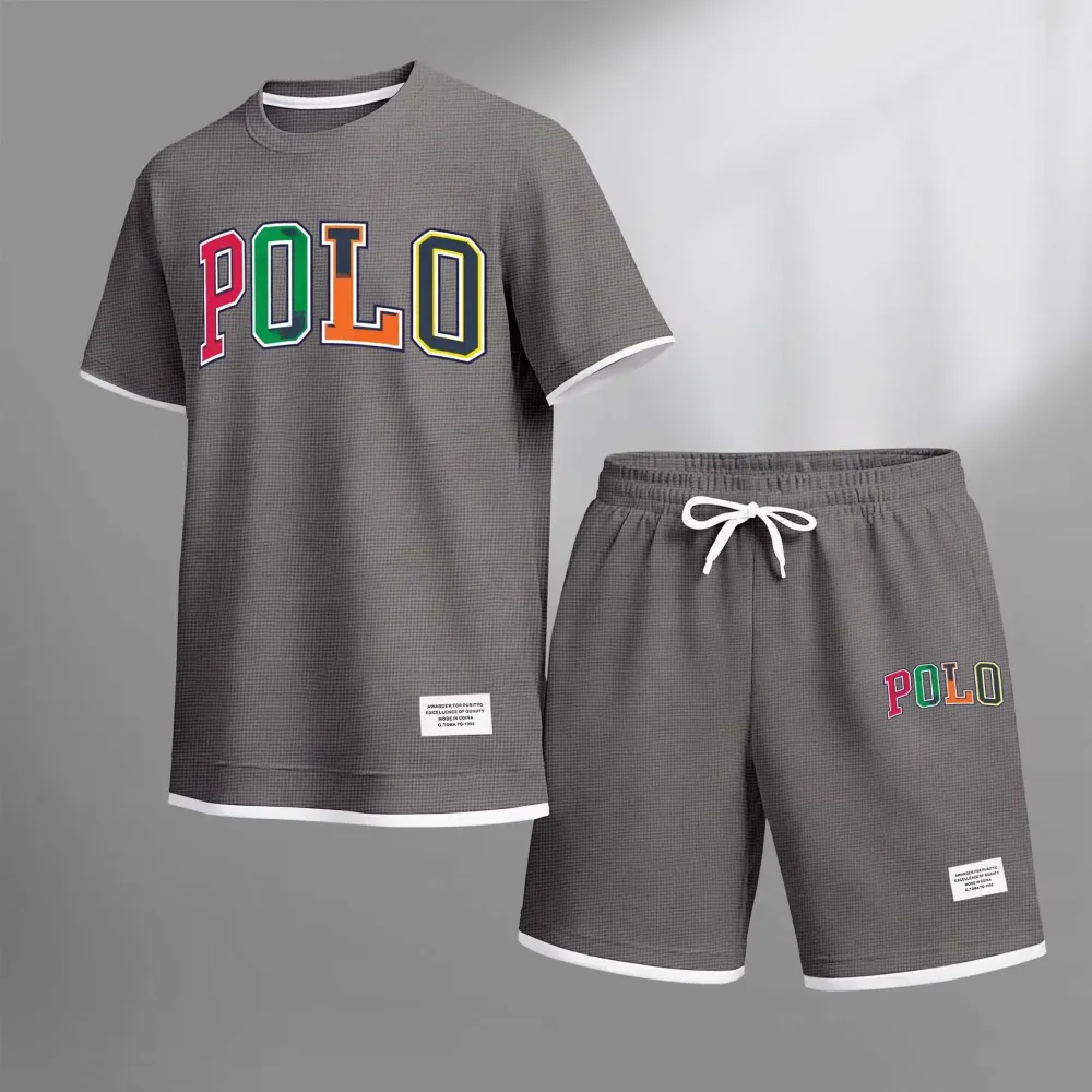 Men's Polo Print Drawstring Shorts Set For Spring/Summer. A Casual Summer Outfit, Including A Short-Sleeved Shirt And Shorts