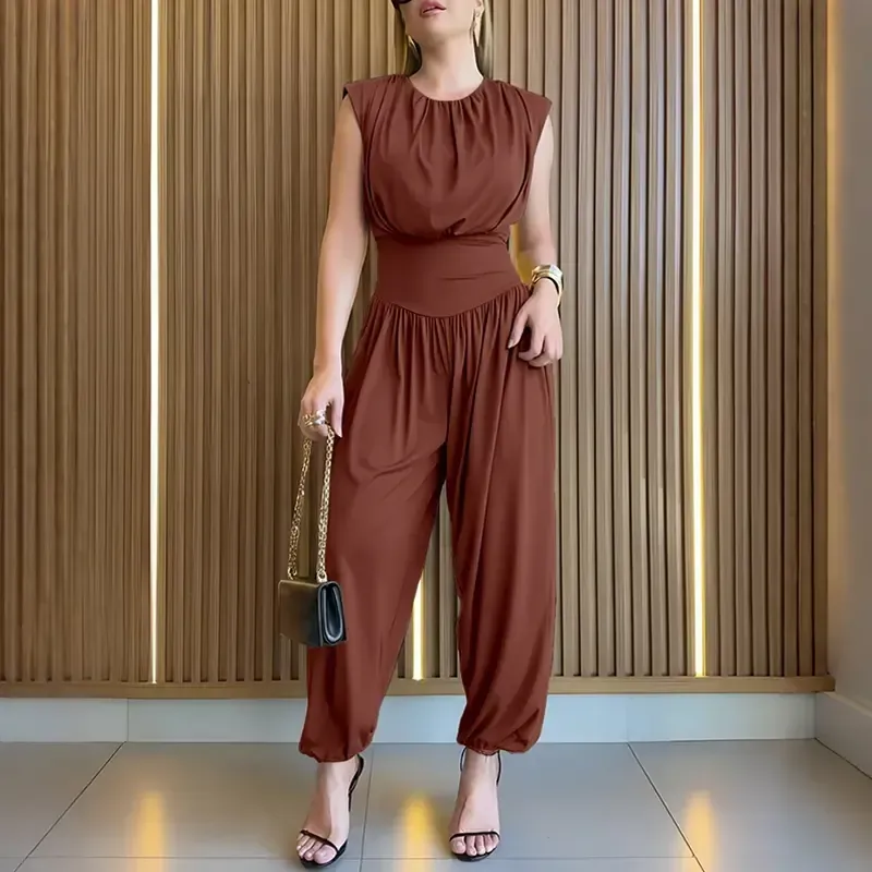 Women's Padded Shoulders Sleeveless Cinched Basque Waist Side High Slit Overalls Casual