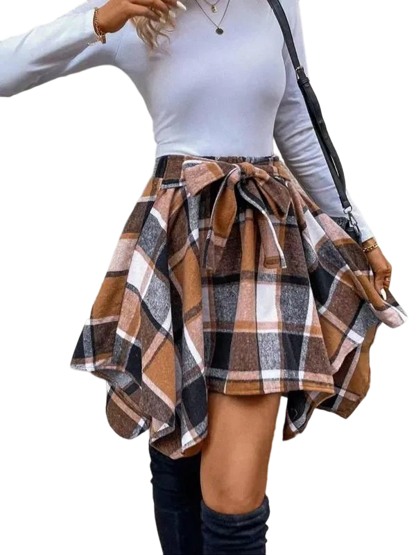 Women's Fashion Plaid Print Asymmetrical Hem High Waisted Skirt