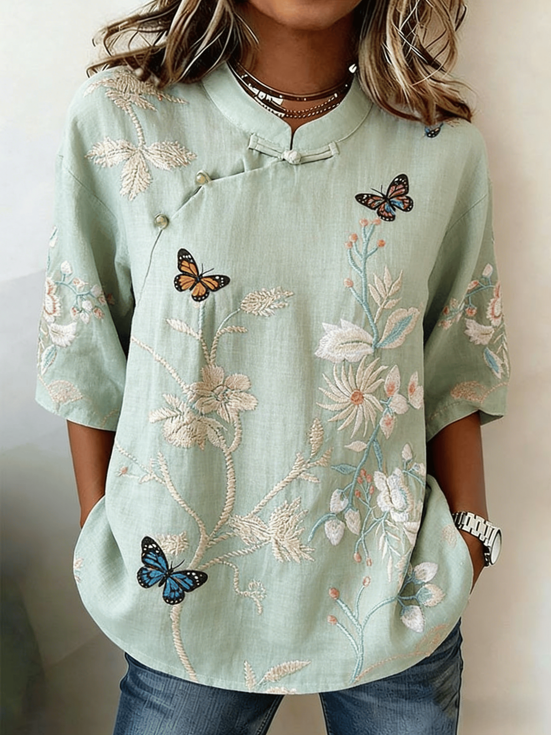 Women's Retro Floral Embroidered Cotton Linen V-Neck Blouse