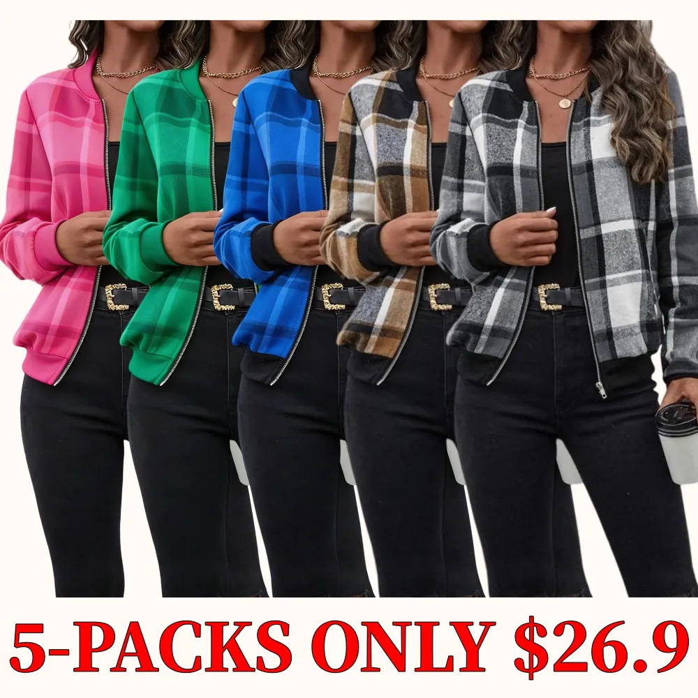 Women's plaid print zip-up bomber jacket