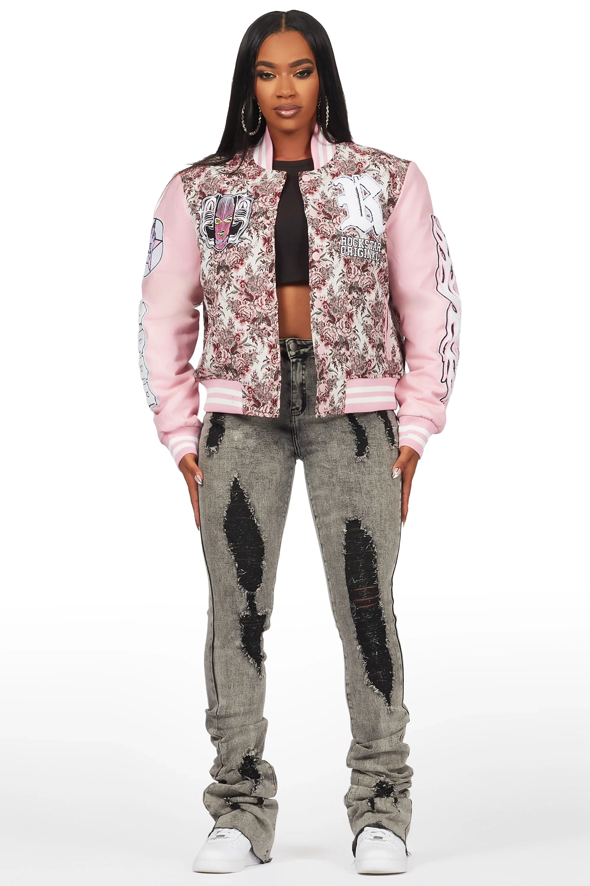 Lakiela Pink Oversized Tapestry Varsity Jacket