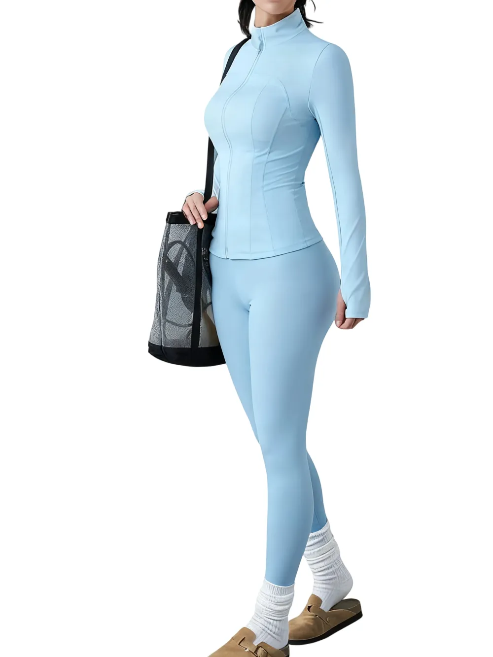 Women's Solid Zip Up Jacket & High Waist Leggings Tracksuit Set