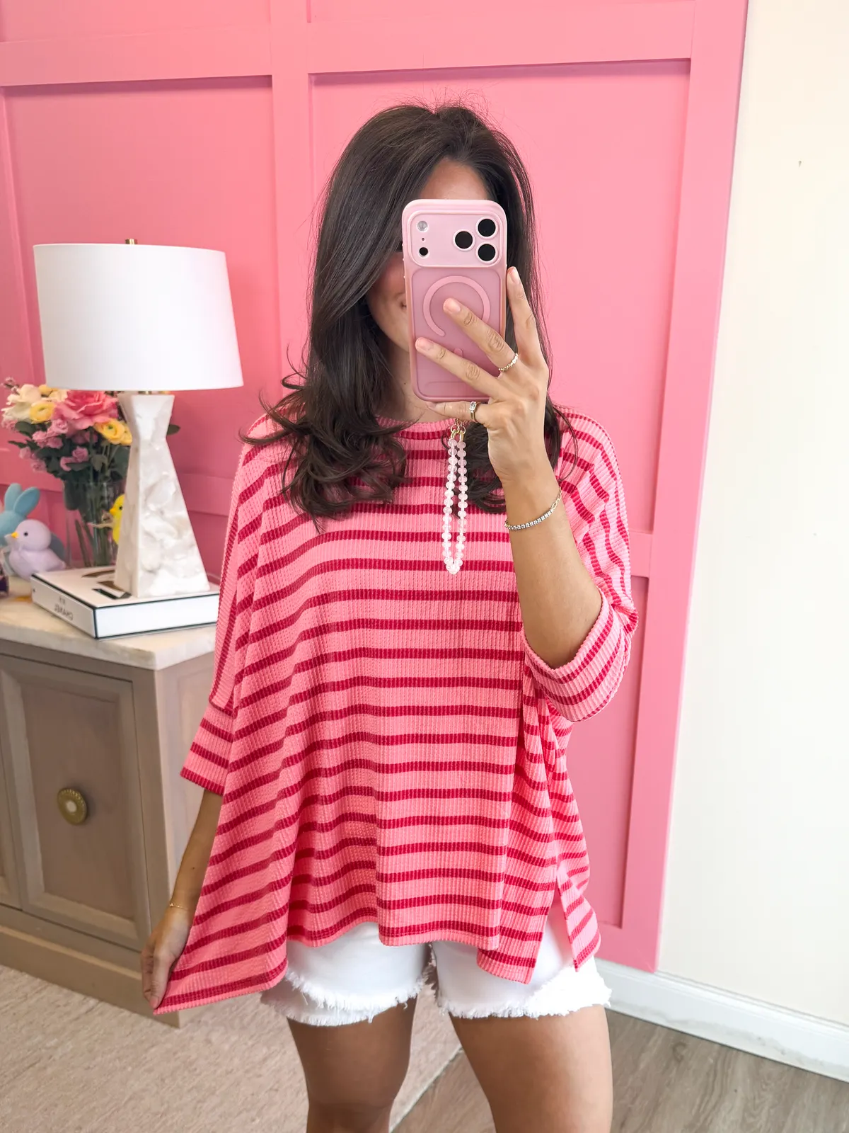 Spring Striped Raised Rib Easy Fit 3/4 Sleeve Top