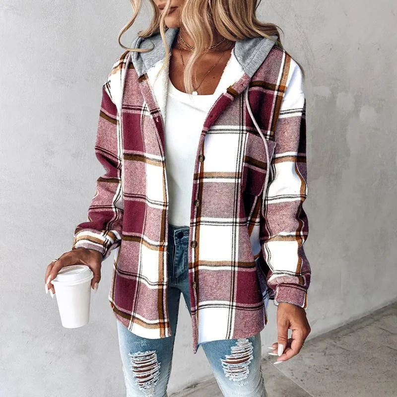 Women's Plaid Pattern Long Sleeve Shacket Button Down Fleece Lined Hooded Jackets Warm Coat