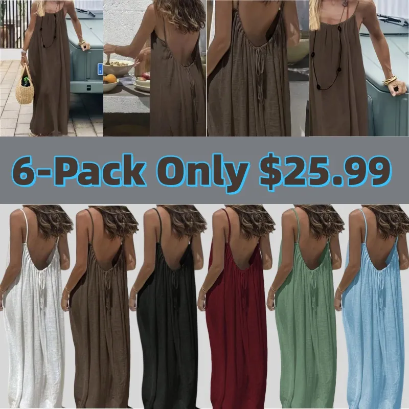 Women's Solid Color Backless Cami Dress, Casual Sleeveless Dress for Summer, Ladies Clothes for Beach Holiday Vacation