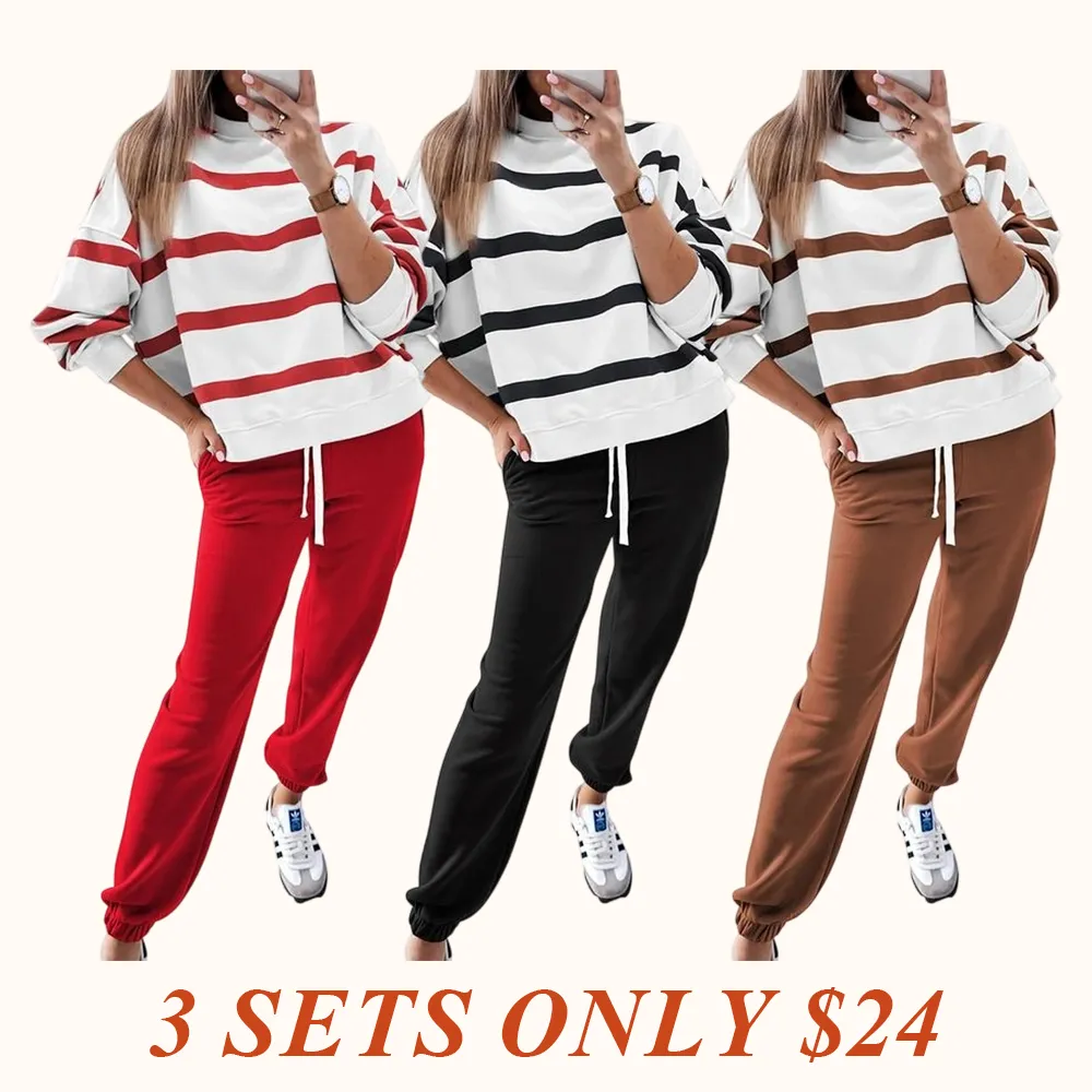 Women's Striped Two Piece Outfit Long Sleeve Drop Shoulder Pullover Tops & Jogger Pants Sets