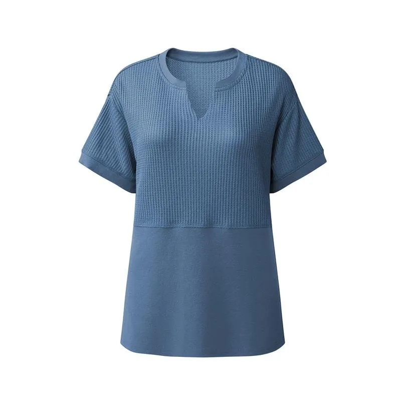 2026 Spring/Summer Cozy Oversized Waffle Knit V-Neck Top Women's Short Sleeve Pullover