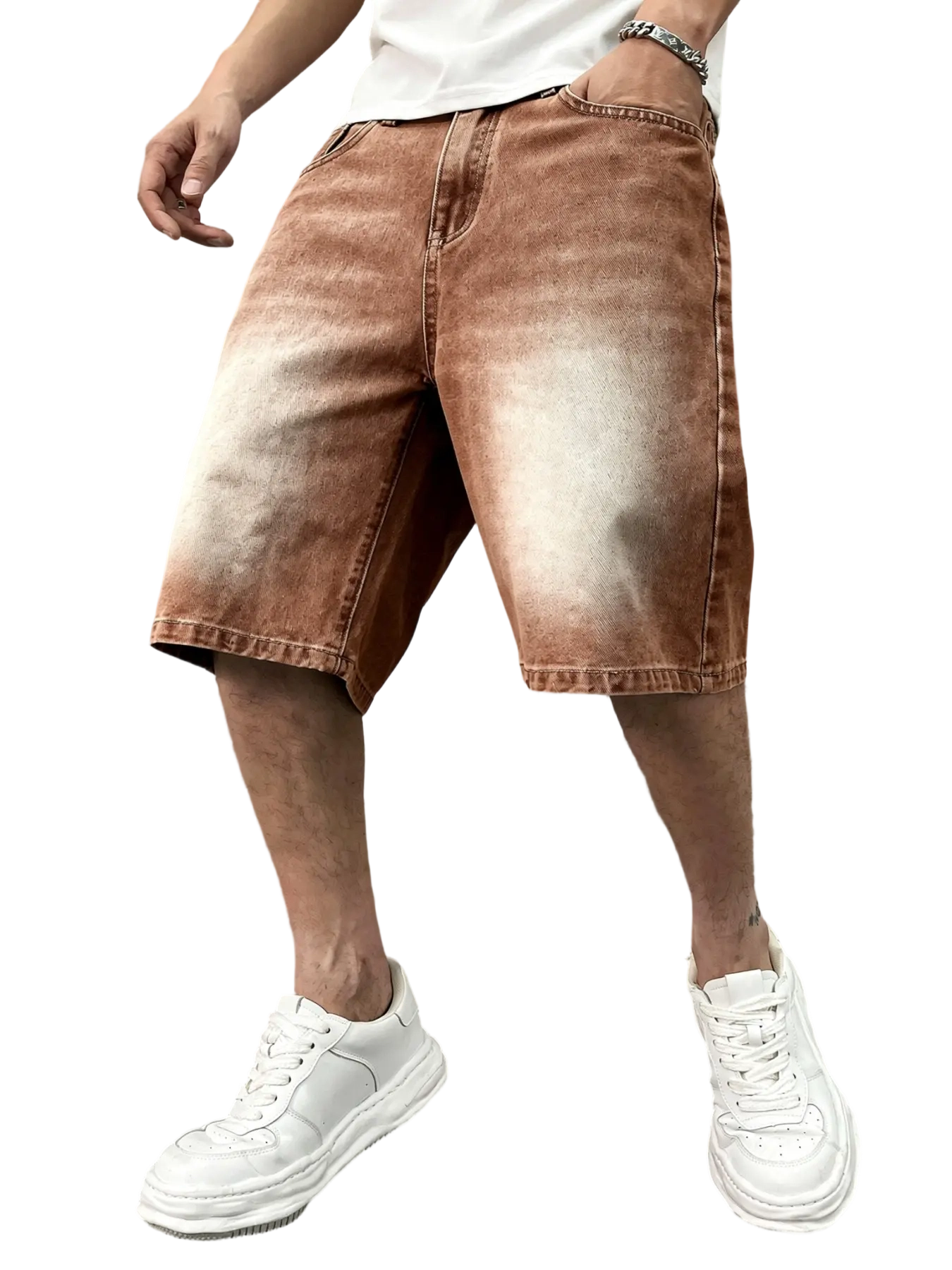 Men's washed retro color denim shorts, trendy, versatile, loose straight-leg casual streetwear denim five-point pants