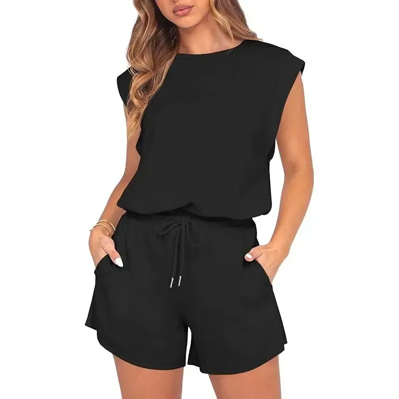 Women 2026 Summer Cap Sleeve Adjustable Drawstring Waistband Cozy Lounge Short Jumpsuit With Pocket