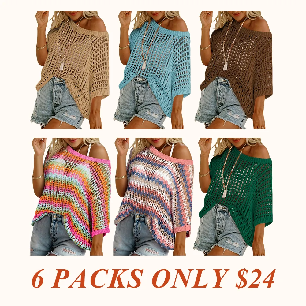 Womens Summer Scoop Neck Short Sleeve Sweater Casual Crochet Hollow Out Knit Tops