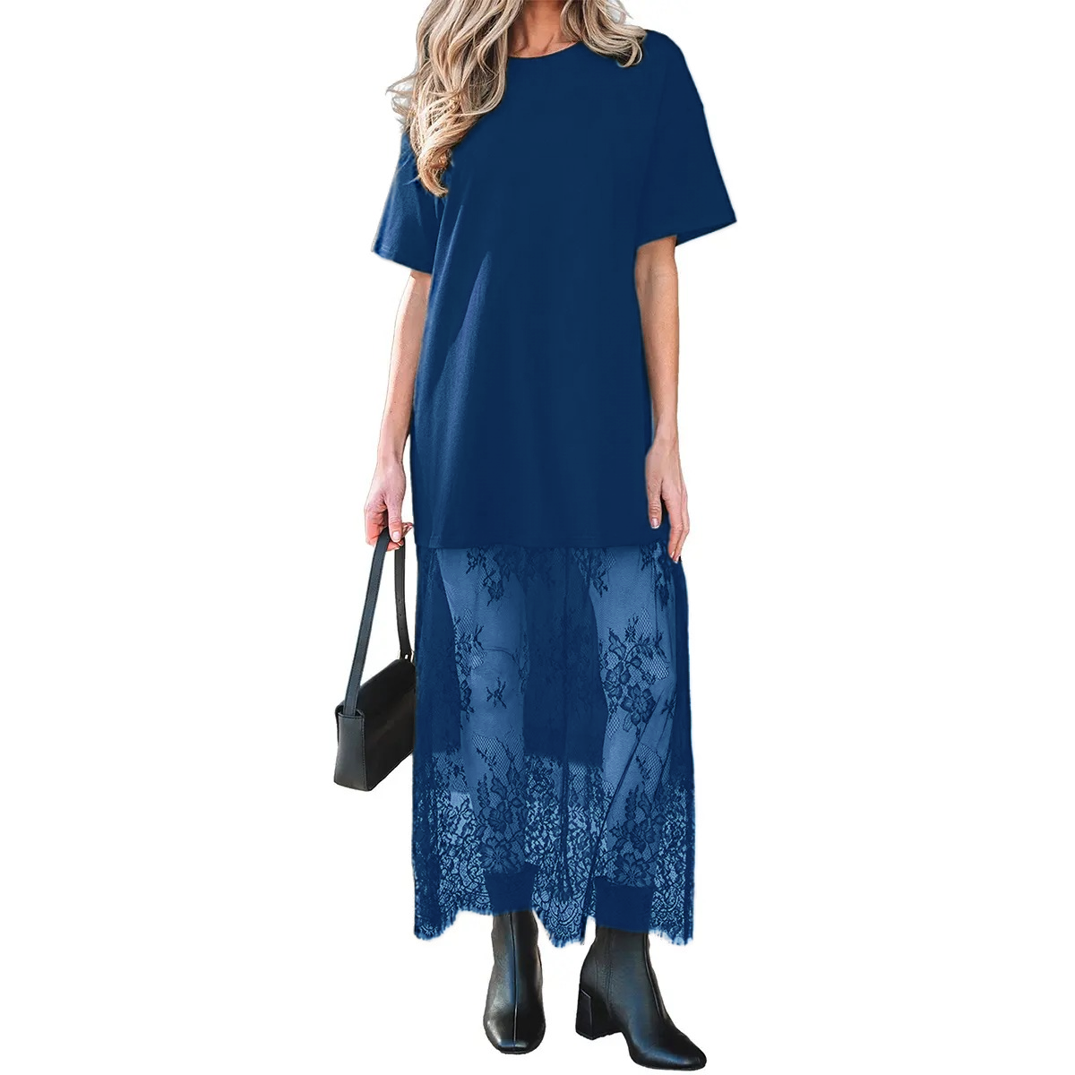 Women’s Oversized T-Shirt Maxi Dress with Sheer Lace Hem