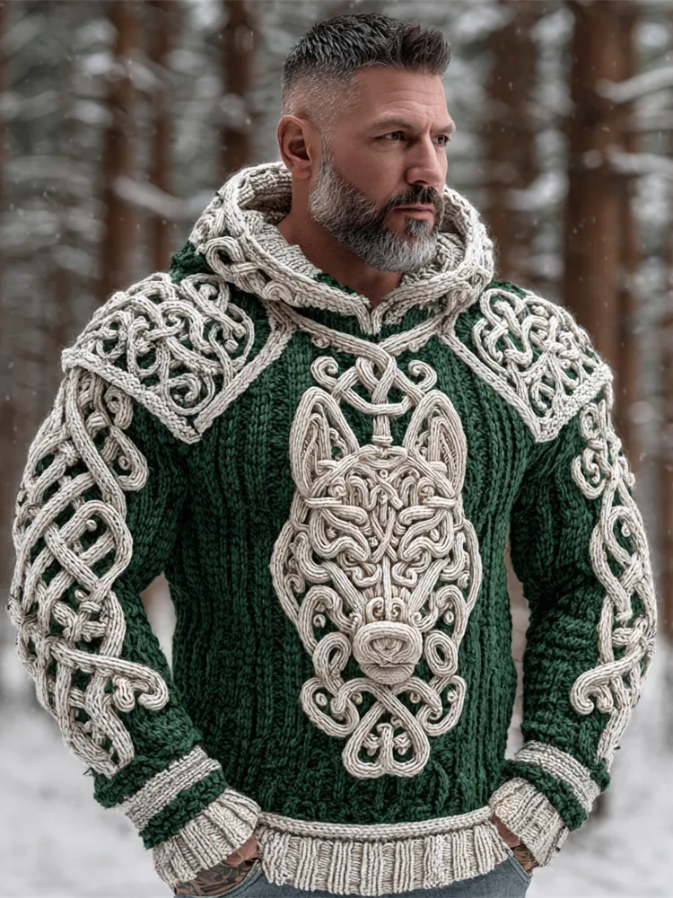 Viking Hellhound Art Men's Hooded Knit Sweater