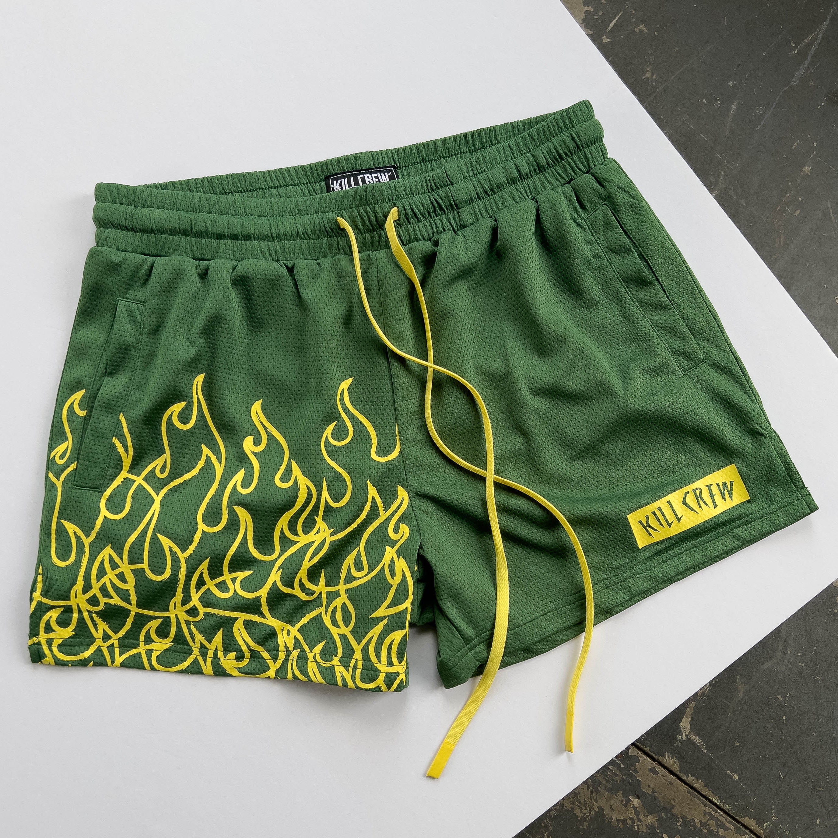 MUAY THAI FLAME SHORTS (MID THIGH CUT) - GREEN / YELLOW