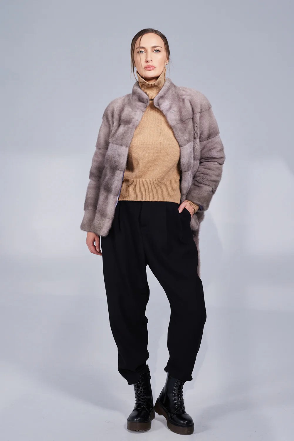 Haină din Blană Naturală de Vizon, cu Cordon, Femei, Silver Blue 194