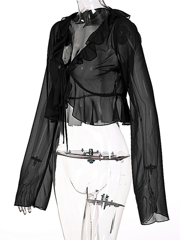 New Style Ruffled Lace-Up Deep V-Neck Long-Sleeved Transparent Top