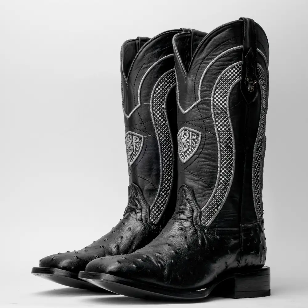 Black Ostrich Leather Boots - Square Toe