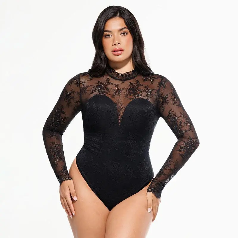 Deep V-Neck Long Sleeve Bodysuit Breathable Fabric Sheer Lace Turtleneck with Built-in Bra