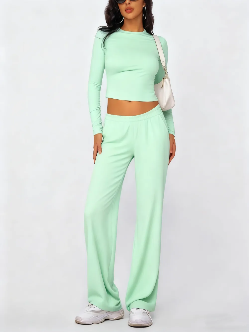 Casual Longsleeves Crop Tee & Fold Over Waist Flare Leg Pants Set