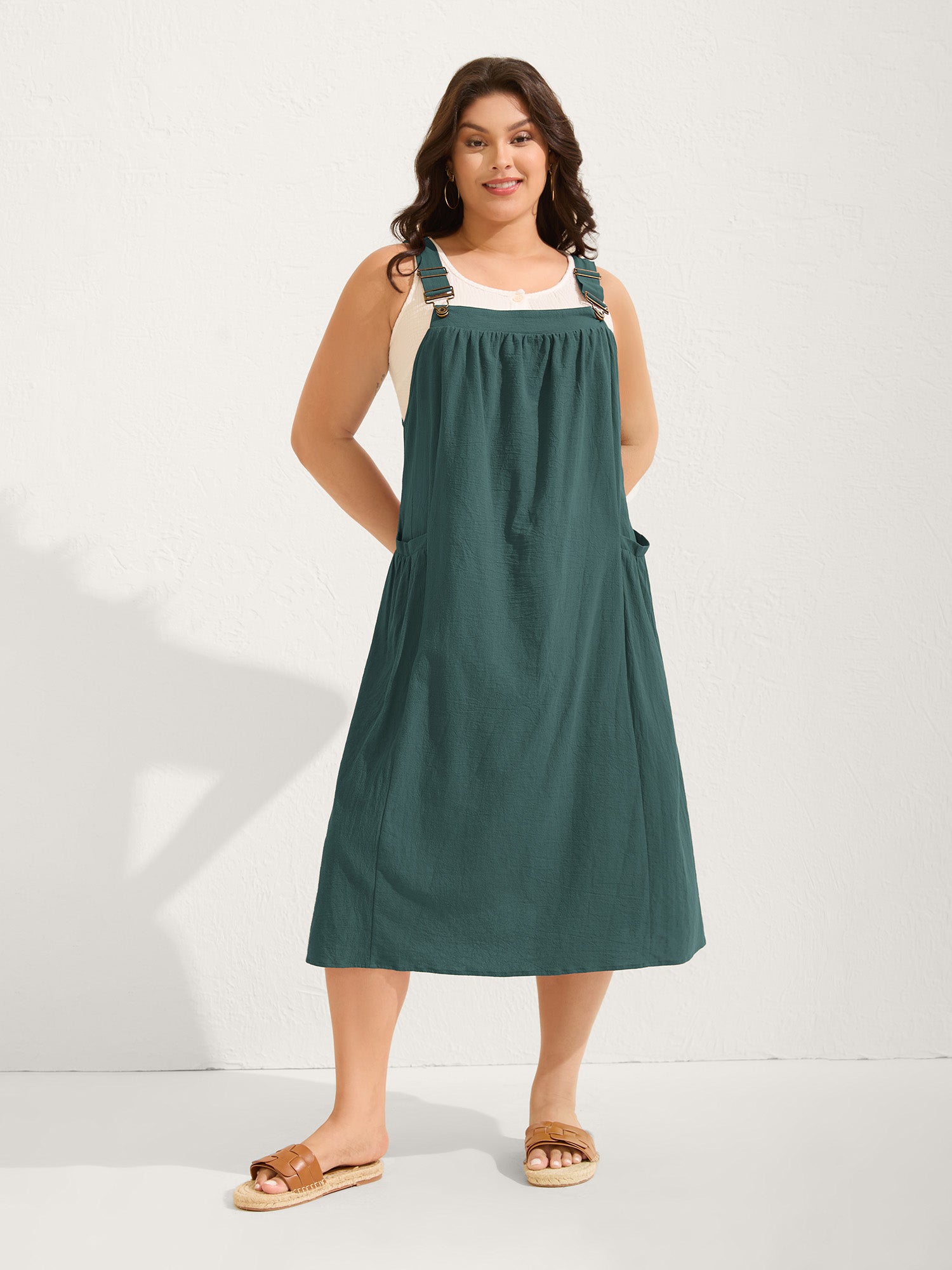 Pure Cotton Pleated Pockets Midi Dress