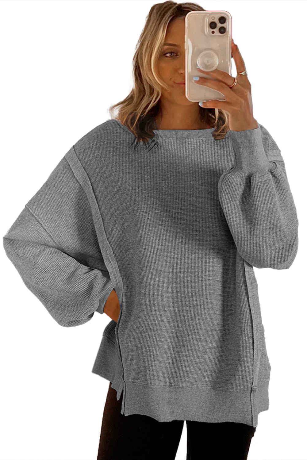 Waffle knit Bishop Sleeve Split Oversized Top