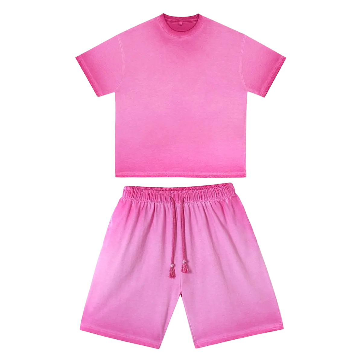 Fashion Tshirt & Shorts Set Summer Washed Cotton Dirty Washed Trendy Gradient Color Men's and Women's Suits, Short-sleeved Tops Paired with Shorts, Retro Outfits.