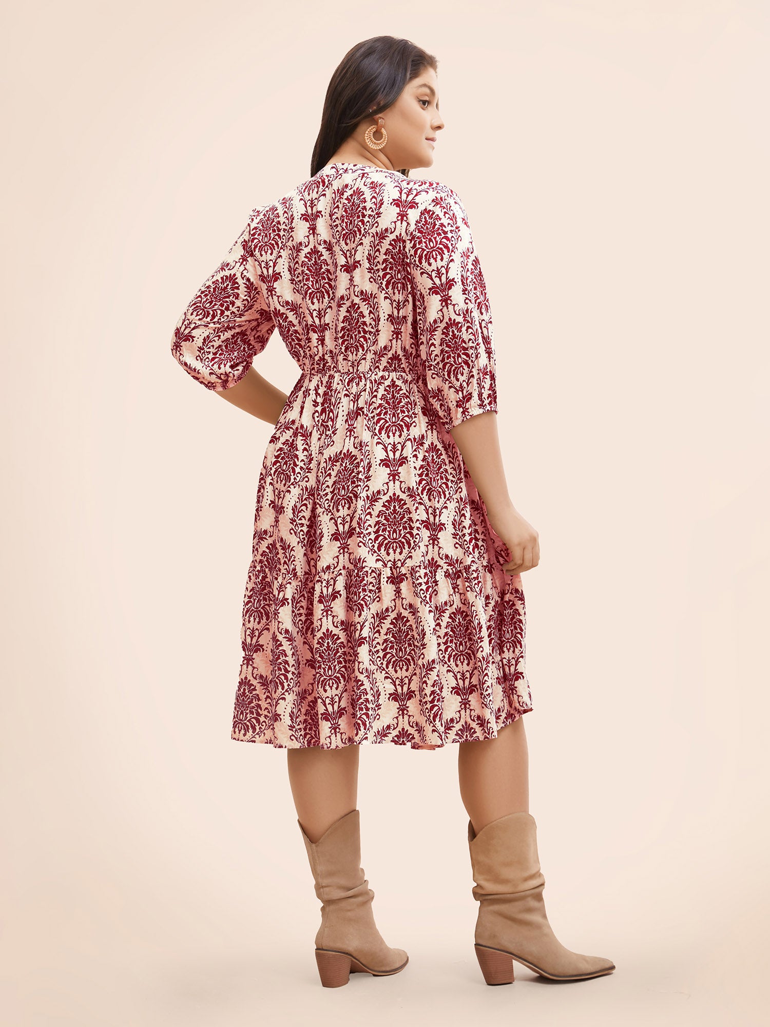 Damask Print Tie Knot Puff Sleeve Dress