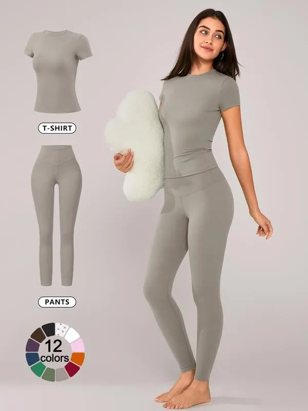 Women's Solid Short Sleeve Tee & Leggings Loungewear, Casual Comfy Round Neck Top & Skinny Pants PJ Set