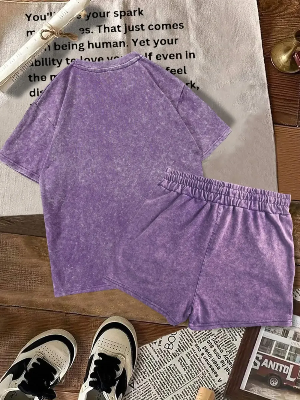 Two-piece Set Women's Solid Color Denim-effect Print Tee & Shorts