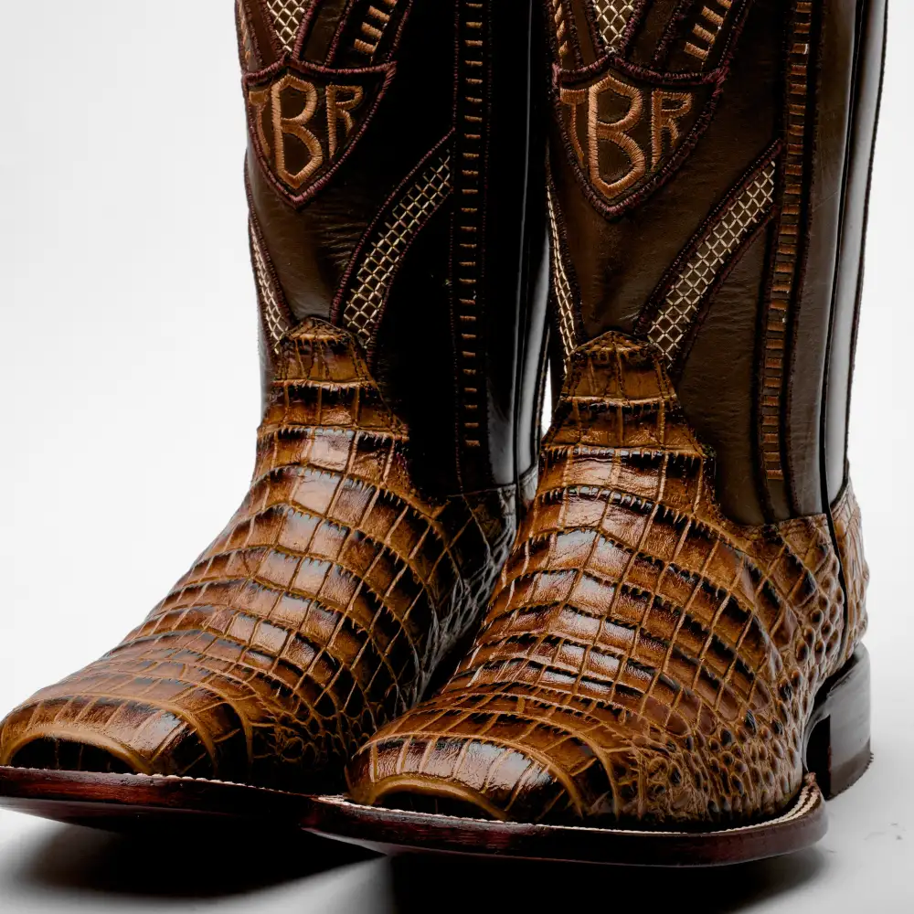 Honey Caiman Belly Leather Boots - Square Toe