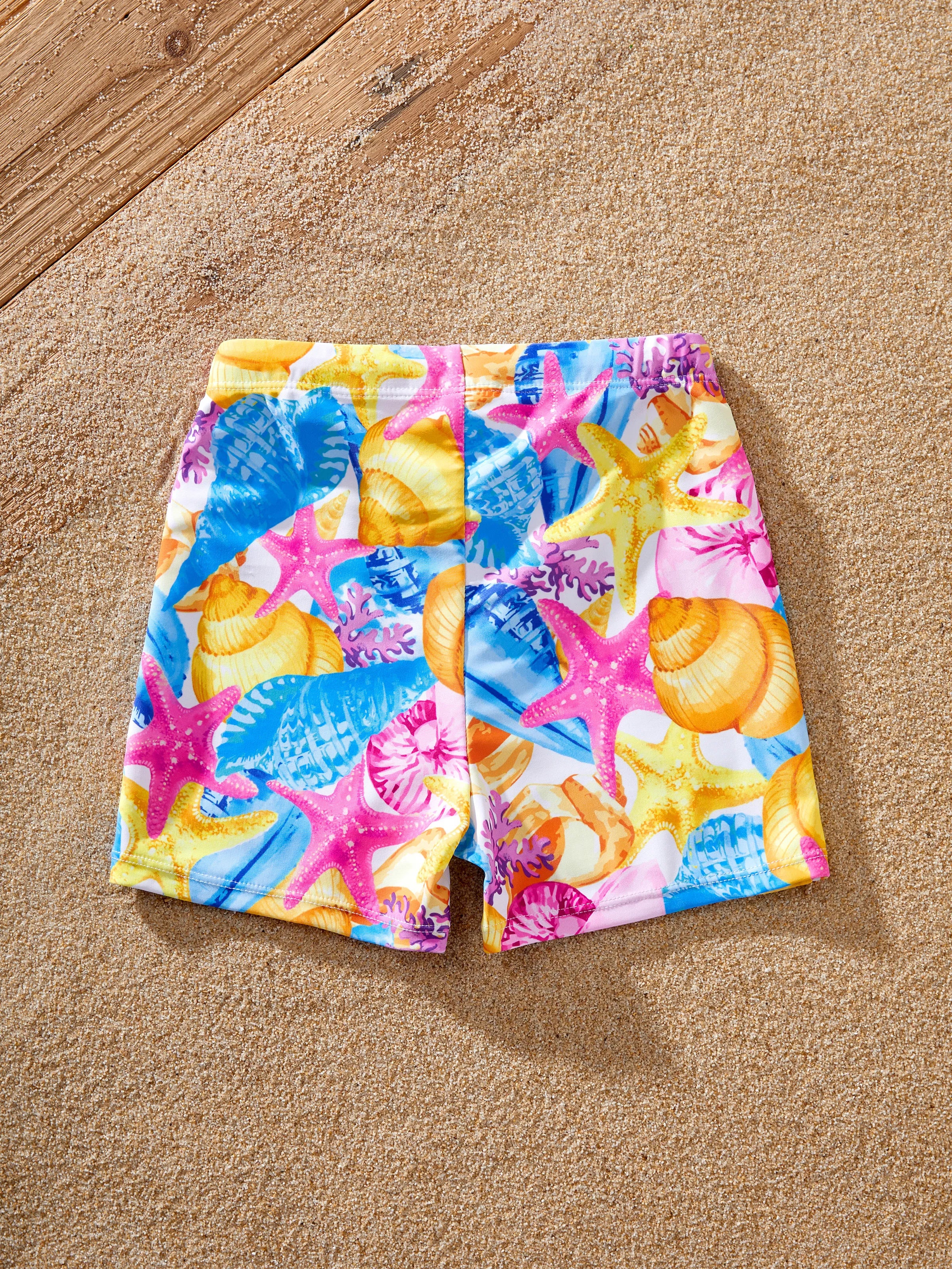 Family Matching Seashell & Starfish Print Swimsuits Ruched One-Piece & Swim Trunks Set Multi-color